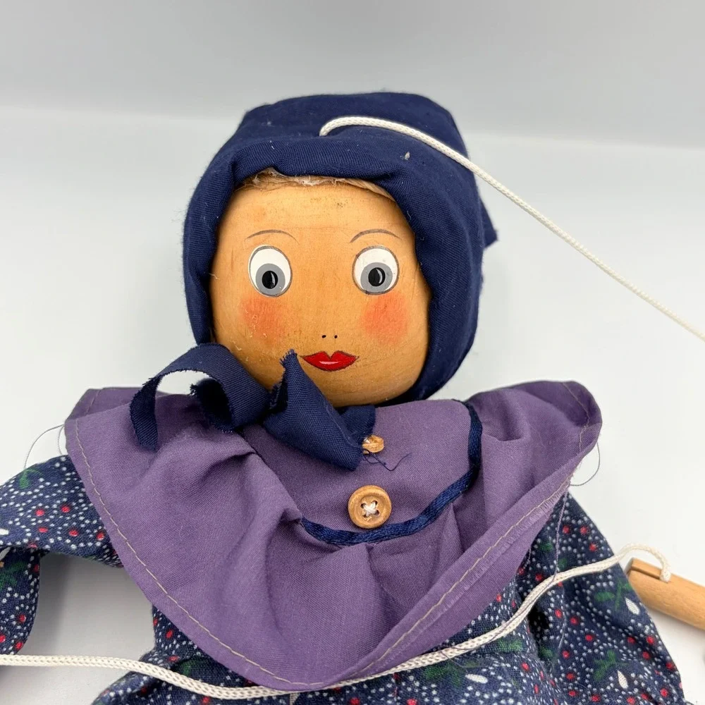 Vintage Marionette Puppet Folk Art Doll Blue‎ Floral Dress Wood Face